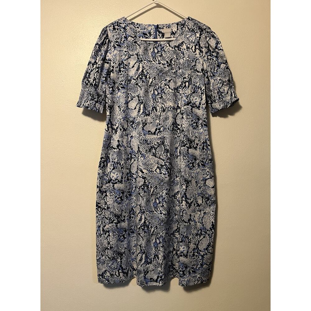 Chico’s Midi Dress Size L 12-14 Smocked Puff Sleeves Animal Print Blue Pockets